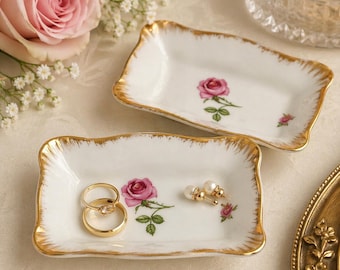 Vintage Japan Rose Trinket Dish Set Hand Painted Porcelain Gold Trim Vanity Trays