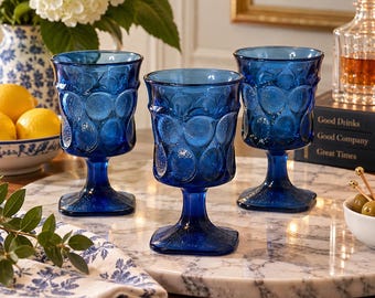 Vintage Noritake Spotlight Blue Cobalt Goblets Set of 3 Textured Glass Square Base