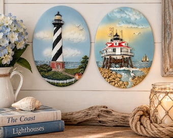 Vintage Lighthouse Wall Plaques Cape Hatteras Thomas Point Coastal Nautical Decor Set of 2