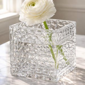 May include: A clear glass square vase with a textured bubble pattern, holding a white flower with a green stem. The vase sits on a marble surface, with natural light illuminating the scene. The flower is in full bloom.