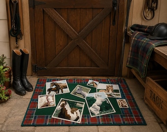 Vintage Equestrian Horse Tapestry Rug: Plaid Border, Horse Lover Decor (38 x 27)