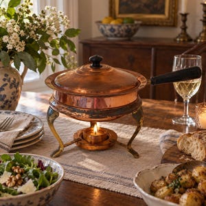 May include: A copper fondue pot with a lid and a long black handle, resting on a metal stand with a lit tea light candle underneath. The pot features a polished copper finish, a dark metal base, and a small black knob on the center of the lid.