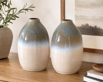 Pair Vintage Studio Pottery Vases Blue Gray Drip Glaze Mid Century Ceramic