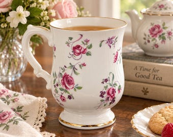 Vintage Royal Victoria Fine Bone China Rose Mug England Footed Floral Cup Gold Trim