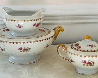Antique Meito Hand Painted China Gravy Boat Sugar Bowl Tureen Floral Gold Japan