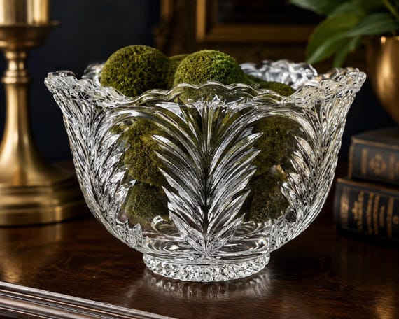 Vintage Fifth Avenue Crystal Bowl: Scalloped Leaf Cut Lead Crystal Centerpiece