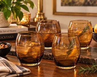 Vintage Amber Drinking Glasses Set of 4 Two Pairs Brown Glass Tumblers Retro Barware