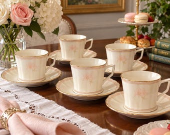Noritake Imperial Blossom 7294 Cups Saucers Set of 6 Ivory China Pink Gold Japan Vintage