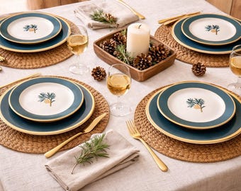 Vintage Eddie Bauer Home Pinecone Dinnerware Set 8 Plates Teal Gold Rim