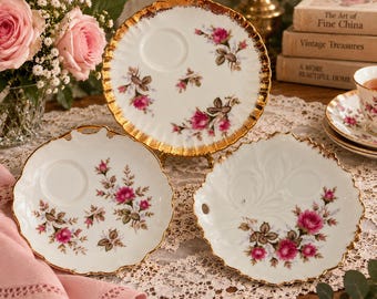 Assiettes à goûter vintage japonaises à motif rose, lot de 3, Royal Sealy Shafford Metasco, bordure dorée