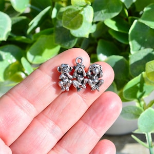 May include: Three silver monkey charms, each with a different gesture: one covering its eyes, one covering its ears, and one covering its mouth. The monkeys are sitting together, and the charm has a loop for hanging.