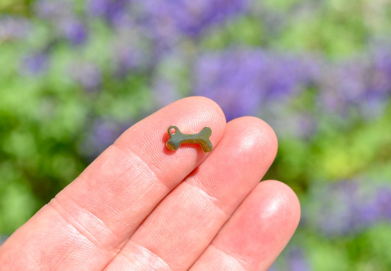May include: A small, gold-colored dog bone charm with a loop for attaching to a necklace or bracelet. The charm is held between two fingers against a blurred background of green and purple foliage.