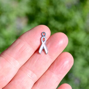 May include: A silver charm in the shape of a pink ribbon. The ribbon is a symbol of breast cancer awareness.