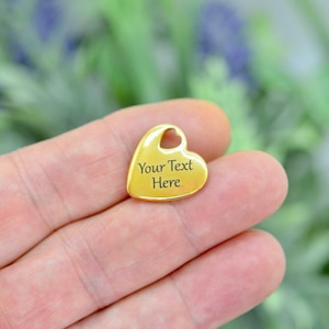 Personalized Gold Plated Stainless Steel Puffed 15mm Heart Charm, Laser Engraved, Choose Your Font, and Quantity,  Charm EB198E