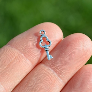 May include: A silver key charm with a clover-shaped head and a simple key design. The charm is held between two fingers.