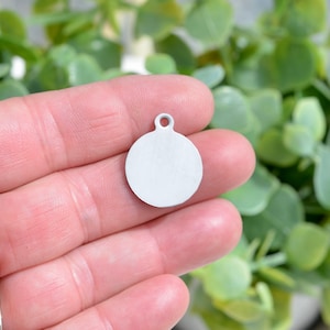 May include: A blank, round, silver metal tag with a hole at the top for attaching a string or chain.