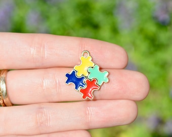 5 Autism Awareness Multi Colored Enamel Puzzle Square Gold Plated Charms GC1254