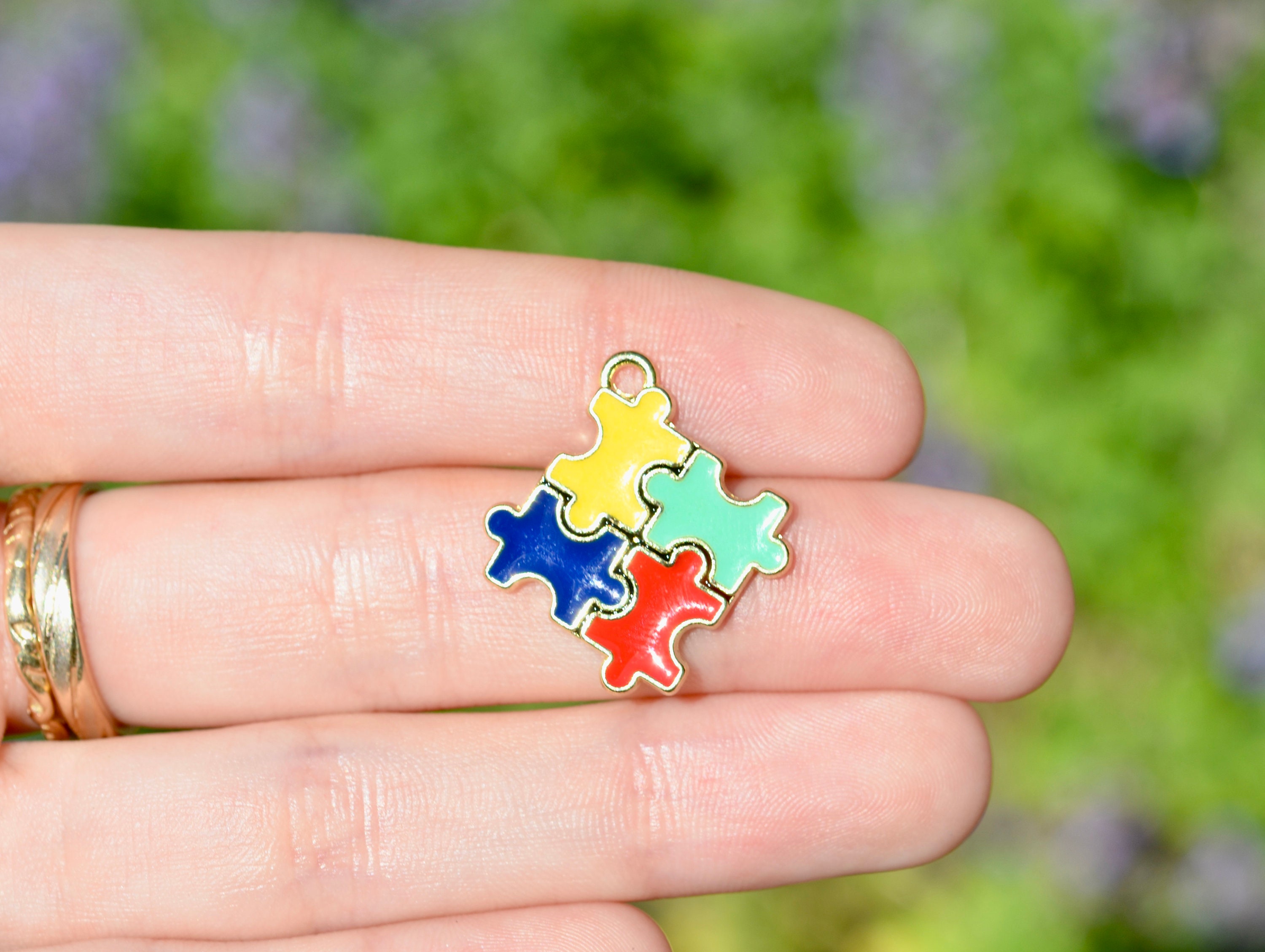 5 Autism Awareness Multi Colored Enamel Puzzle Square Gold Plated