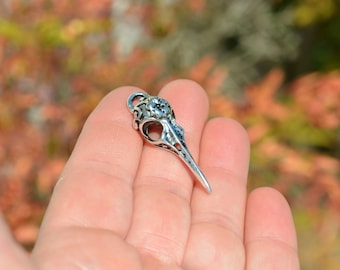 May include: Silver bird skull charm with intricate details. The charm has a loop at the top for attaching to jewelry or other crafts.