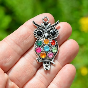 1  Owl Silver Tone with Sparkling Colored Glass  Charm SC4143