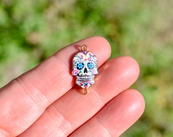 BULK 20 Sugar Skull Gold Plated with White, Blue, and Pink Enamel Connector Charms GC3218