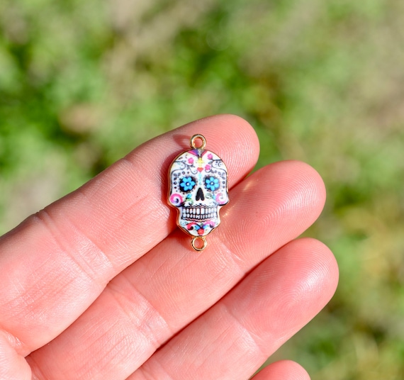 BULK 20 Sugar Skull Gold Plated With White Blue and Pink Enamel