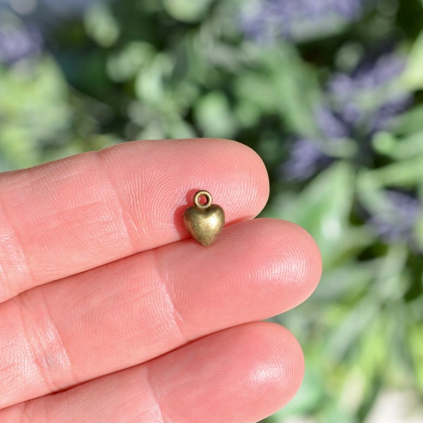 10  Puffed Mini Heart Bronze Tone 9mm Charms BC2071