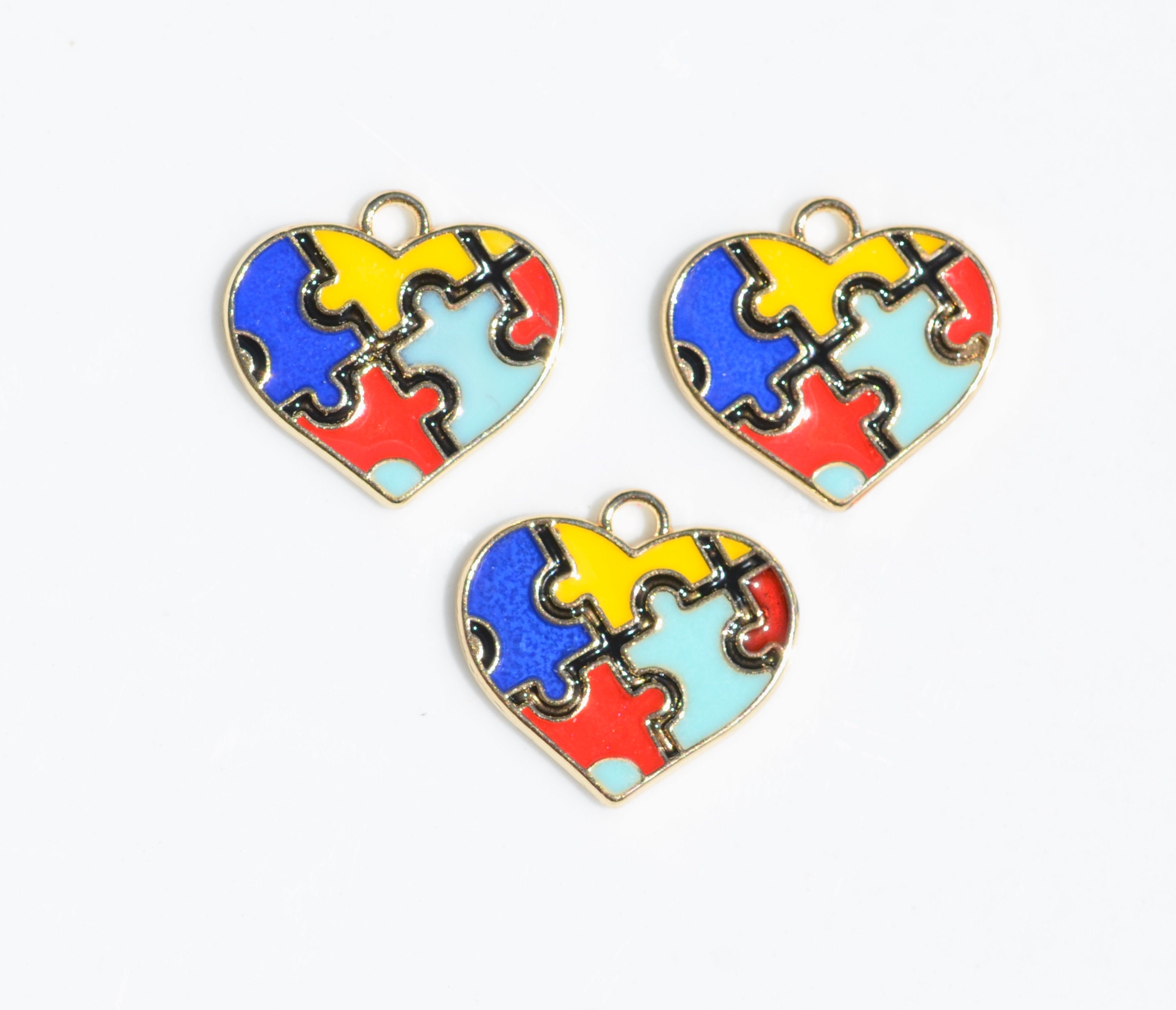 5 Autism Awareness Multi Colored Enamel Heart Gold Plated Charms GC6412 ...