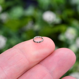 May include: A small, silver ring, likely a nose ring, is held between two fingers.
