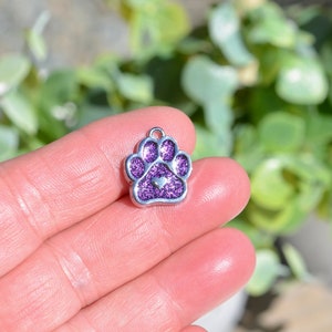 5 Paw  with a Heart, Silver Tone and Purple Glitter Enamel Charms SC6988