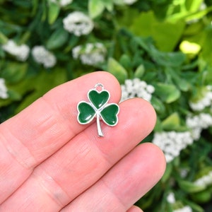 BULK 20  Green Enamel and Silver Tone Clover Charms SC5420