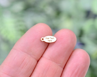 Personalized Stainless Steel Gold Plated 10mm Charm, Laser Engraved, Choose Your Font and Quantity Options Tiny Oval Charm EB232E