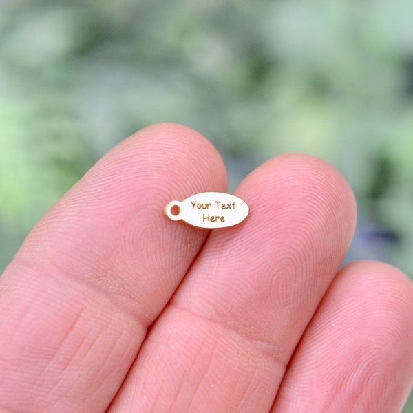 Personalized Stainless Steel Gold Plated Charm, Laser Engraved, Choose Your Font and Quantity Options Tiny Oval Charm EB232E