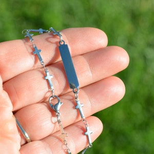 1 Free Personalization Stainless Steel ID Cross Bracelets with Lobster Clasp, Choose Your Font EB101