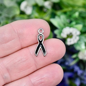 BULK 20 Cancer Awareness Black Enamel and Silver Tone Ribbon Charms SC5804