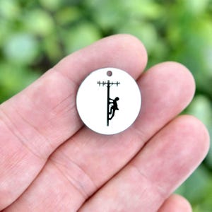 Personalized Lineman Charm, Utility Worker Gift, Electrical Lineworker Pendant, Stainless Steel Engraved Keepsake, Power Lineman Gift CC707