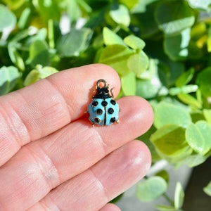 May include: A small, blue ladybug charm with black spots and gold accents. The charm is made of metal and has a shiny finish.