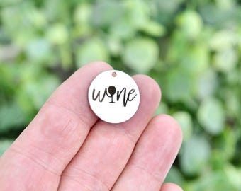 Wine Charm, Stainless Steel Engraved Pendant with Wine Glass, Jewelry Making Supplies, DIY Necklace, Bracelet, Keychain CC273
