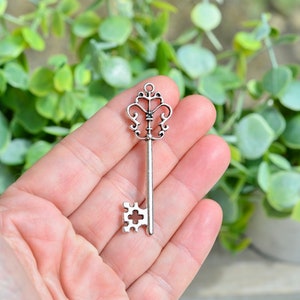 May include: A silver-toned key charm with an ornate design. The key has a decorative top and a simple, straight shaft.