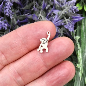 May include: Silver charm in the shape of a monkey with one arm raised. The charm is small and is being held in a hand.