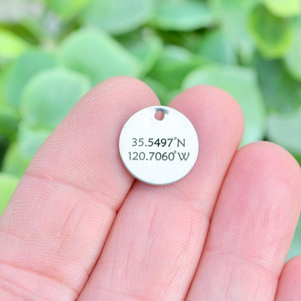 Personalized Coordinates 15mm Custom  Laser Engraved Stainless Steel Charm CC319