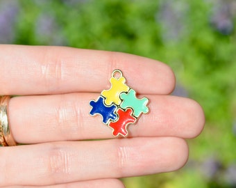 BULK 20 Autism Awareness Multi Colored Enamel Puzzle Square Gold Plated Charms GC4266
