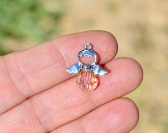 5  Light Pink Glass Guardian Angel  with Silver Tone Wings Charms SC6628