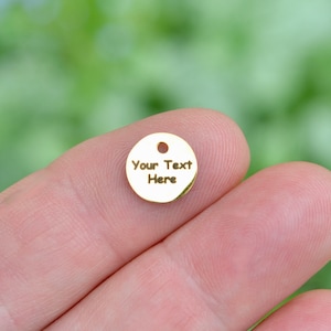 Personalized Stainless Steel Gold Plated 10mm Polished Both Sides Charm, Laser Engraved, Choose Your Font, Quantity EB63E