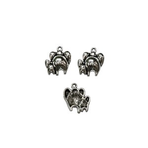 May include: Three silver charm pendants in the shape of elephants. The elephants are standing in a family group, with a larger elephant in the back and two smaller elephants in front.