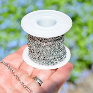 May include: A spool of silver-colored chain, held in a hand. The chain is made of small, interconnected links and is wound around a white plastic spool. The background is a soft focus of green and blue foliage.