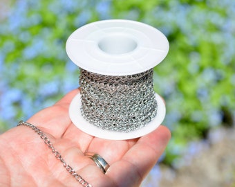 May include: A spool of silver-colored chain, held in a hand. The chain is made of small, interconnected links and is wound around a white plastic spool. The background is a soft focus of green and blue foliage.