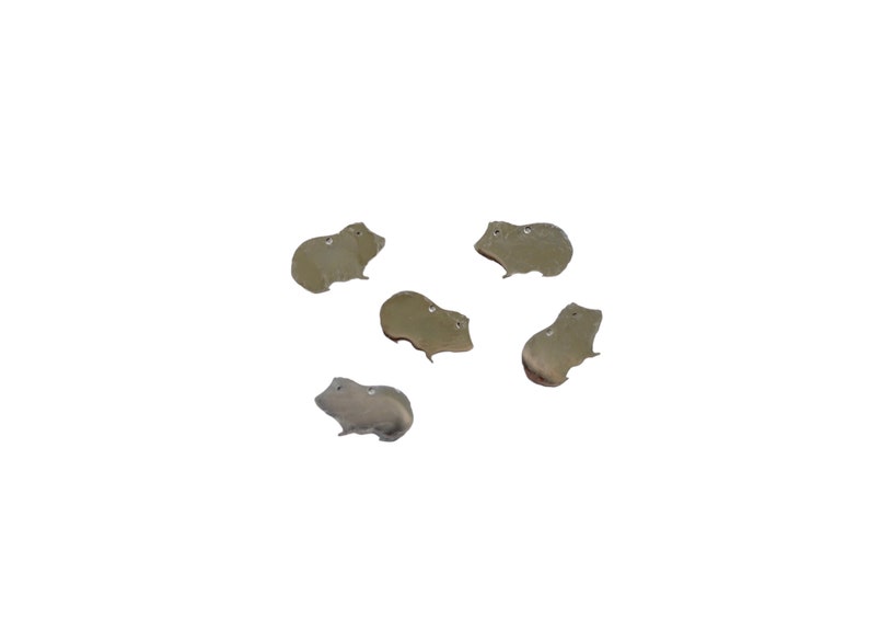 May include: Five silver-colored metal charms shaped like guinea pigs. The charms are all facing the same direction and have a slightly textured surface.