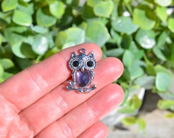 1 Owl Silver Tone with a Amethyst or Purple  Glass Stone Charm SC4046