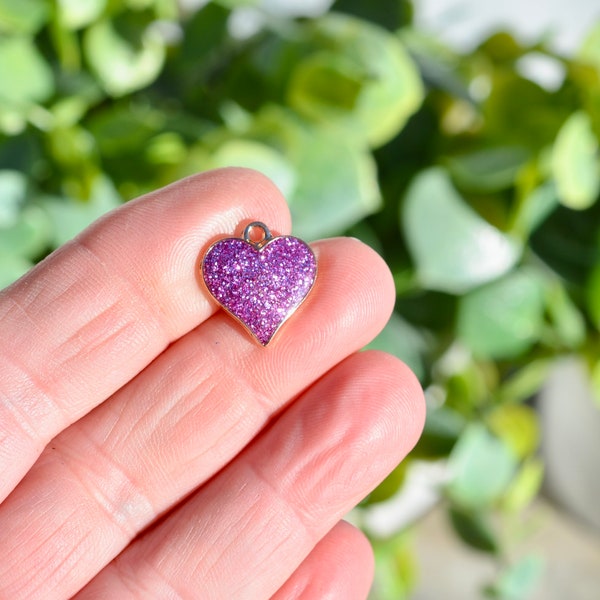 BULK 20 Purple Glitter Heart Gold Tone Charms GC6791